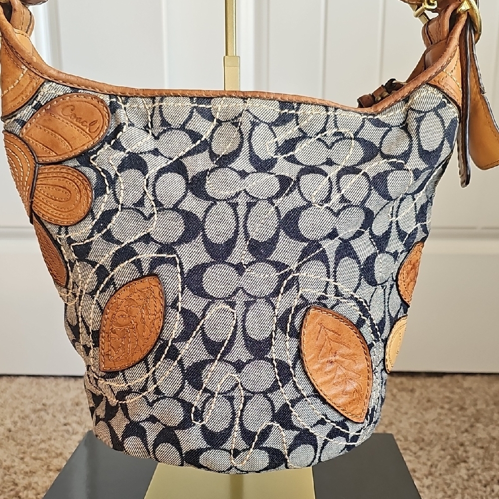 COACH 2007 BLEECKER DENIM C FLORAL DUFFLE VACHETTA LEATHER FLOWER BAG 11781 Rare - Picture 6 of 15